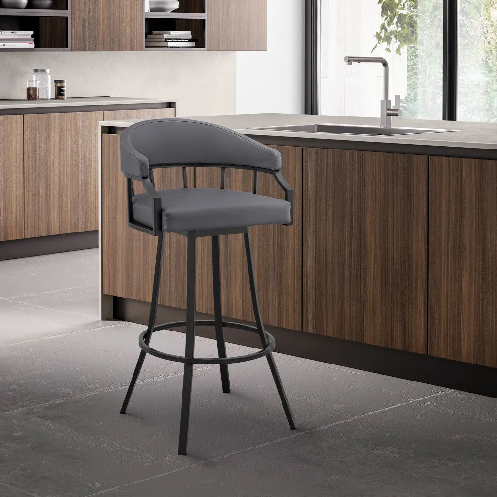 26" Slate Gray and Black Faux Leather and Steel Swivel Low Back Counter Height Bar Chair with Footrest By Homeroots