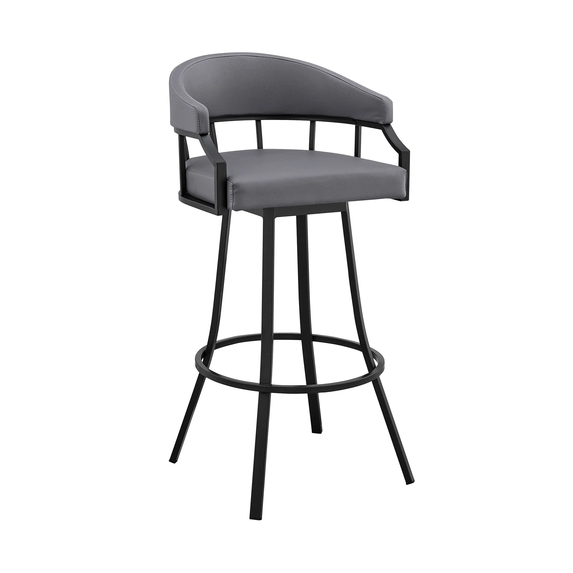 26" Slate Gray and Black Faux Leather and Steel Swivel Low Back Counter Height Bar Chair with Footrest By Homeroots