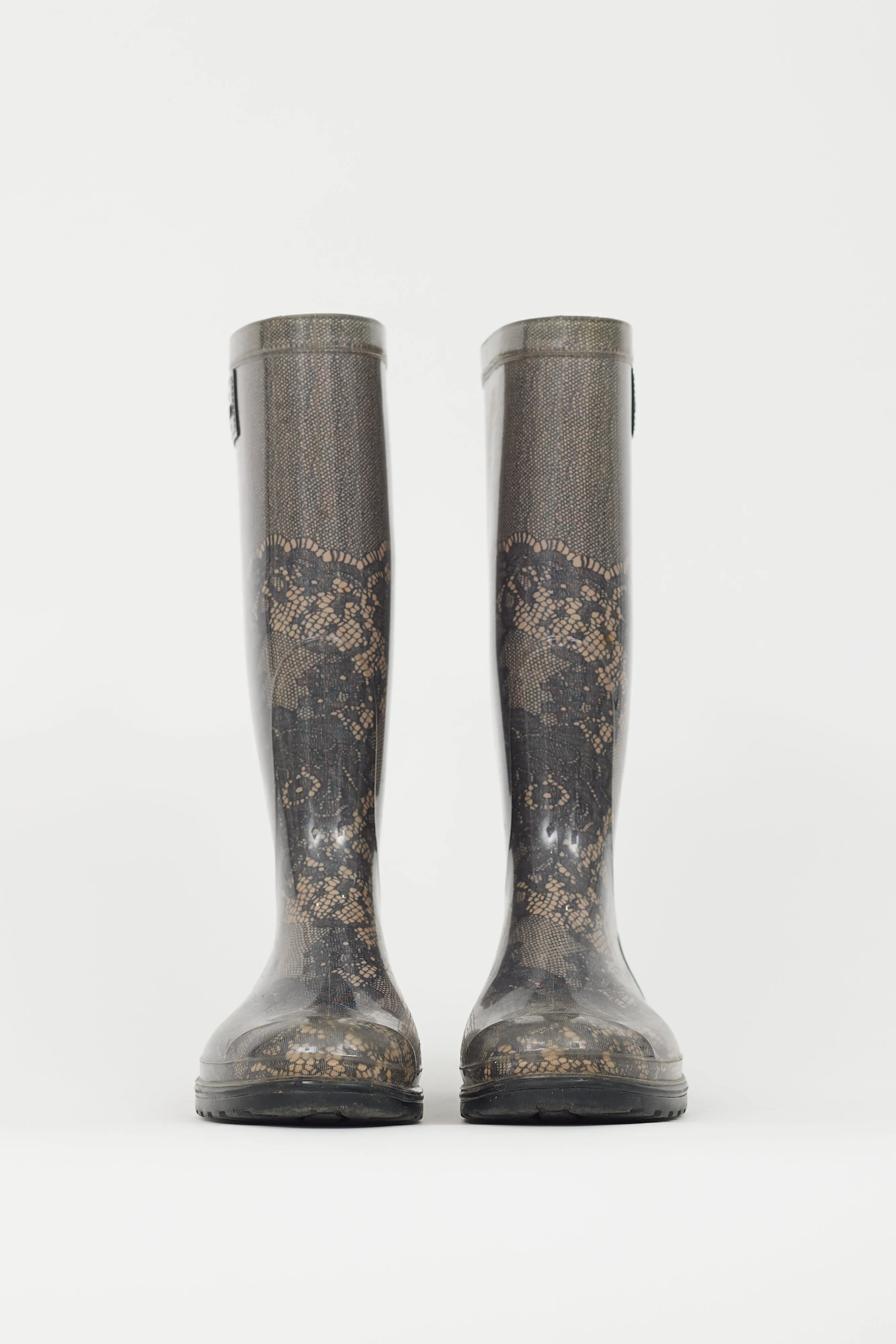 Black & Beige Lace Print Rubber Rain Boot