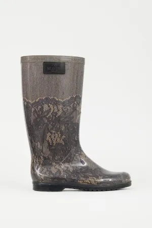 Black & Beige Lace Print Rubber Rain Boot