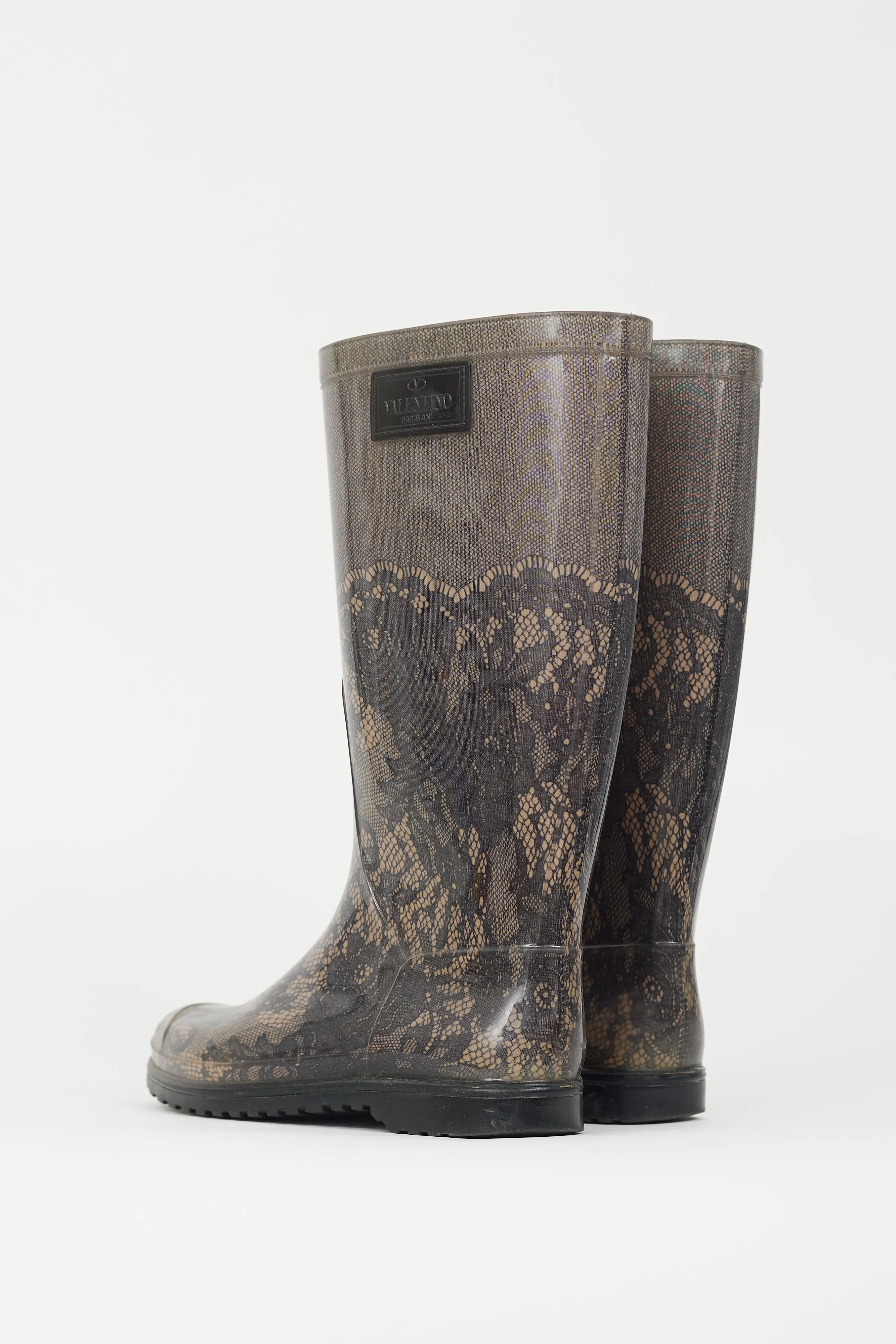 Black & Beige Lace Print Rubber Rain Boot