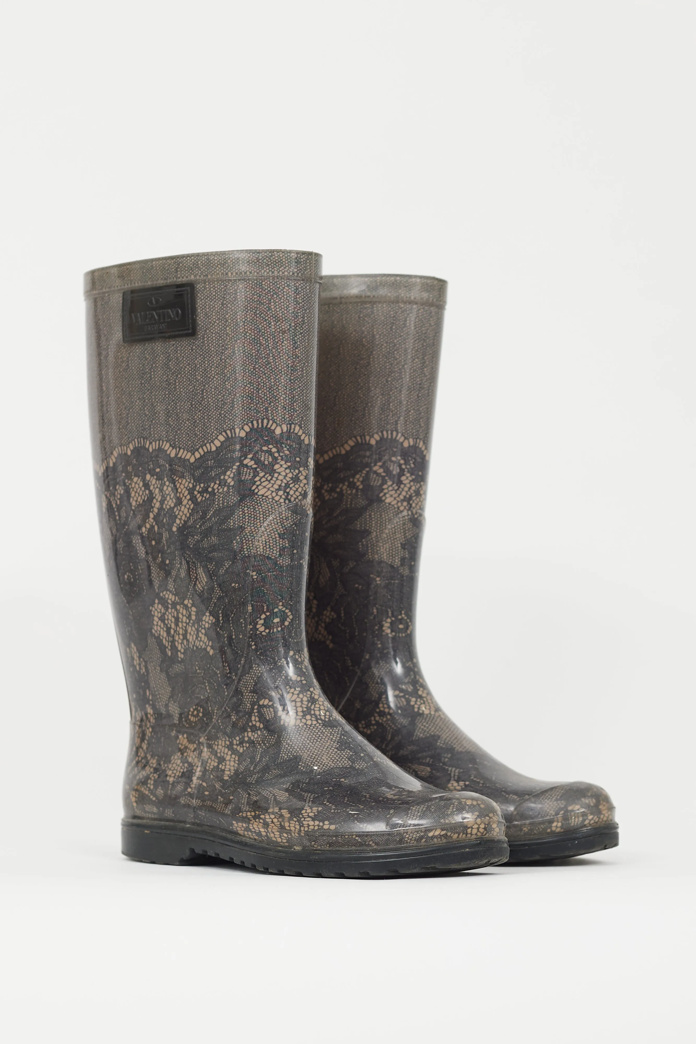 Black & Beige Lace Print Rubber Rain Boot
