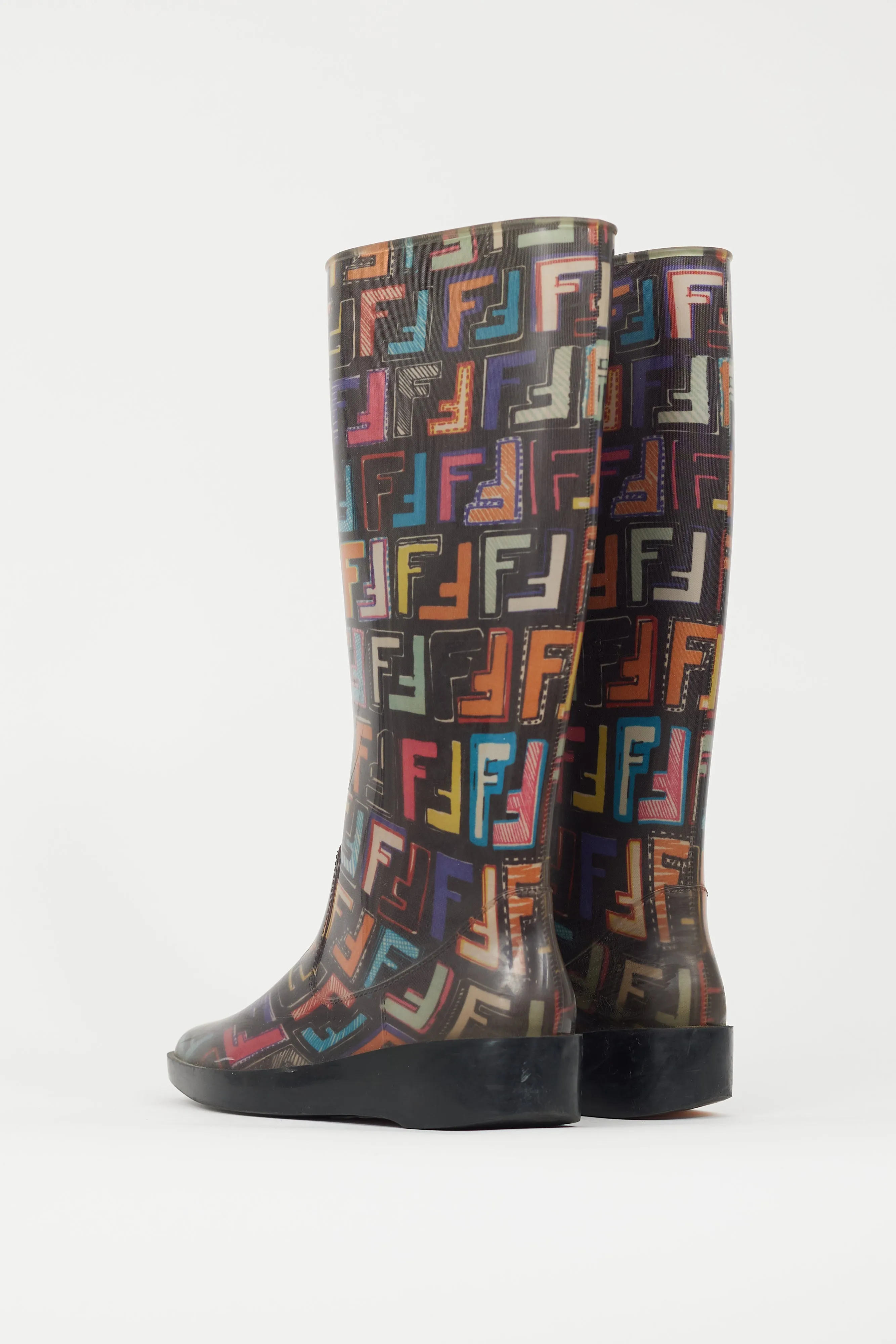 Black & Multicolour FF Print Rubber Rain Boot