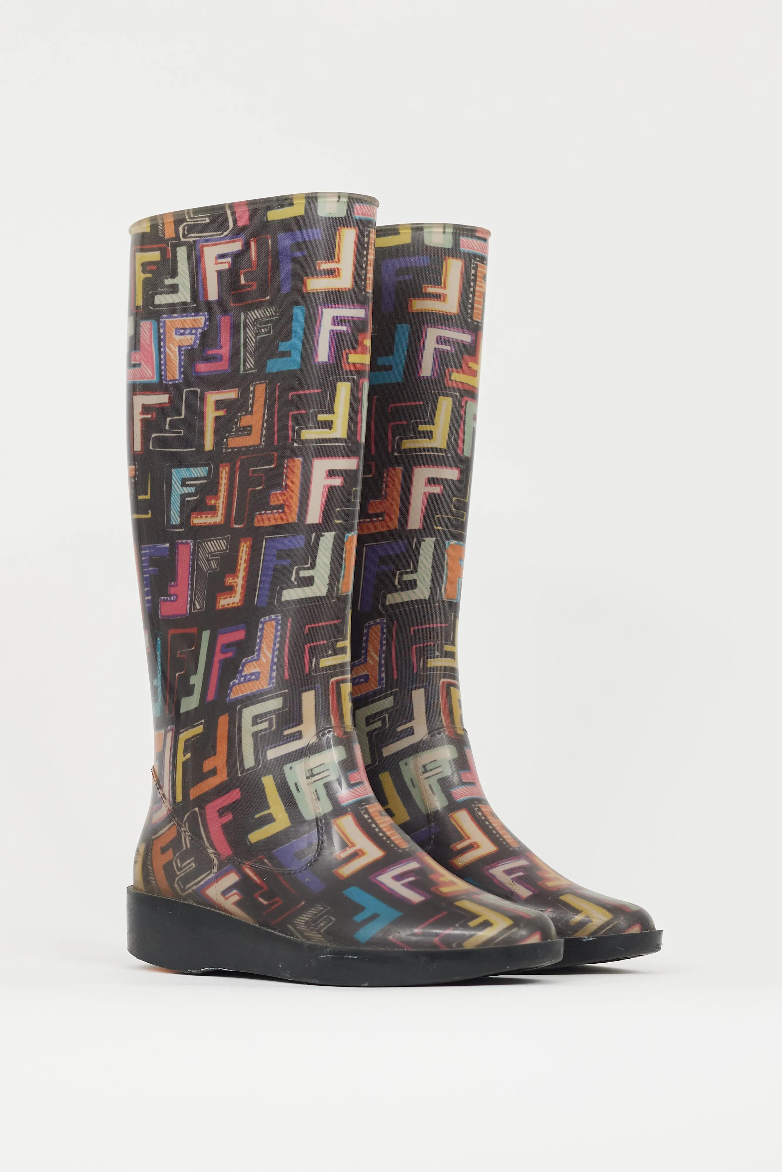 Black & Multicolour FF Print Rubber Rain Boot