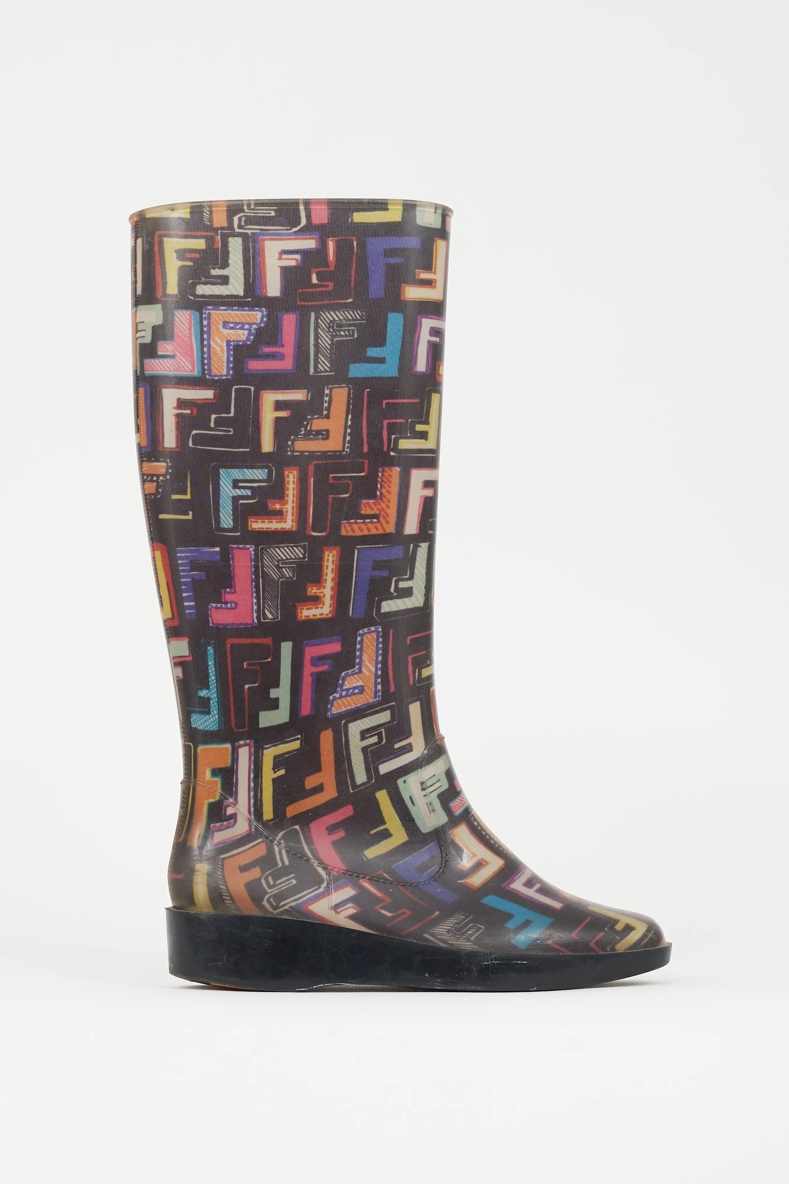Black & Multicolour FF Print Rubber Rain Boot