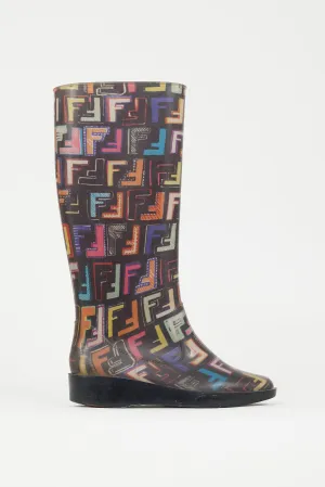 Black & Multicolour FF Print Rubber Rain Boot