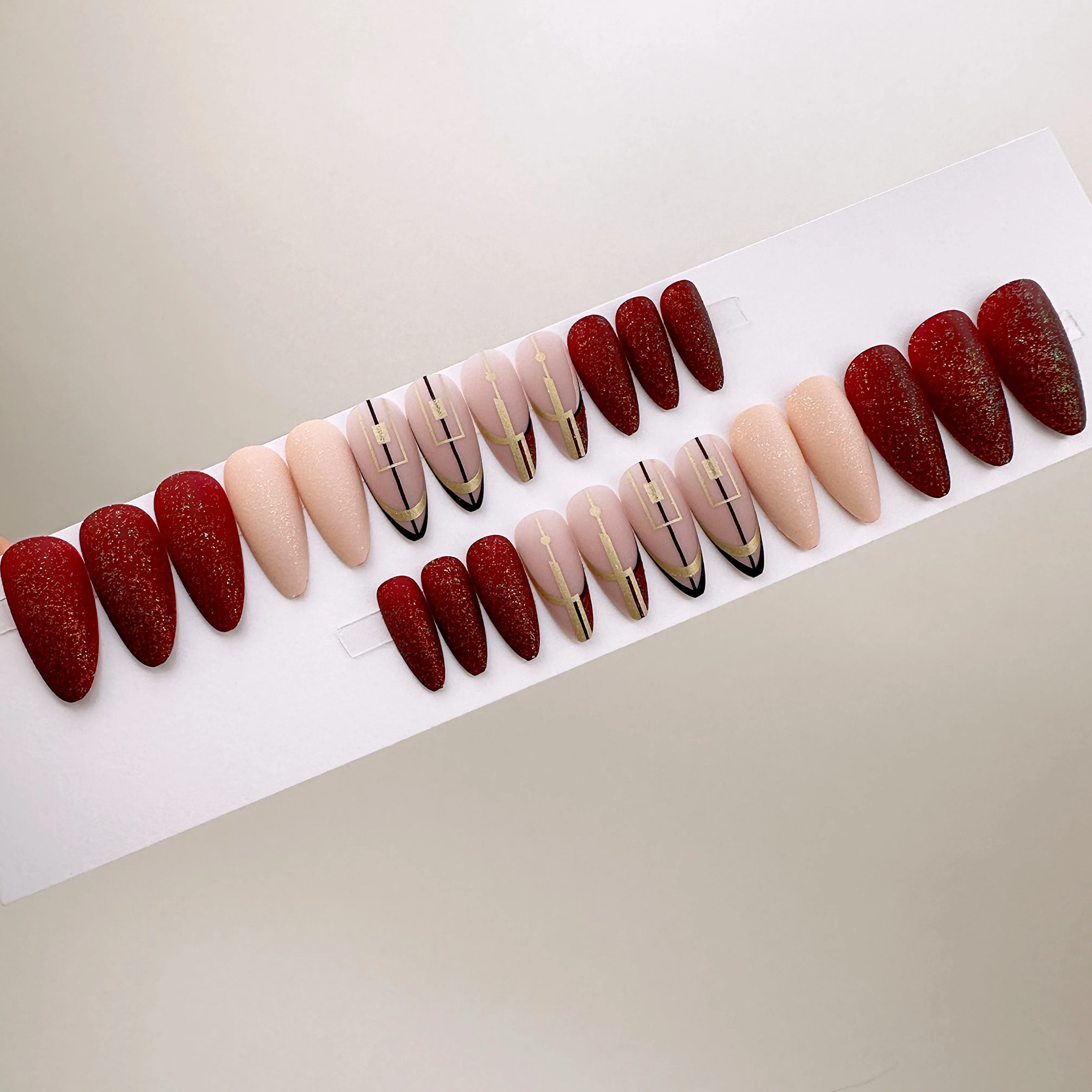 Instant Glam- Geo Wine, Almond Wine Burgundy and Light Pink Geometric Pattern Press On Nail Set
