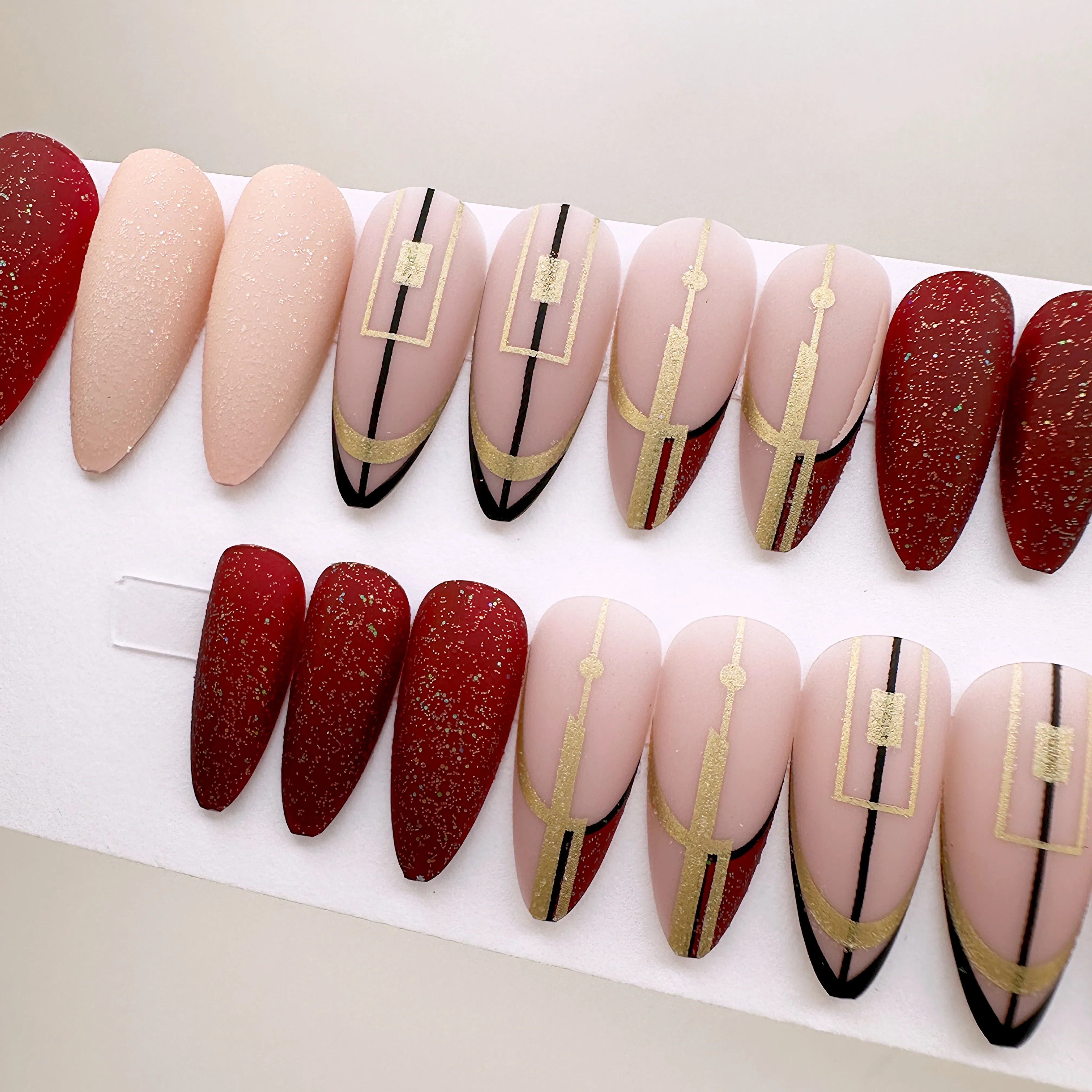 Instant Glam- Geo Wine, Almond Wine Burgundy and Light Pink Geometric Pattern Press On Nail Set