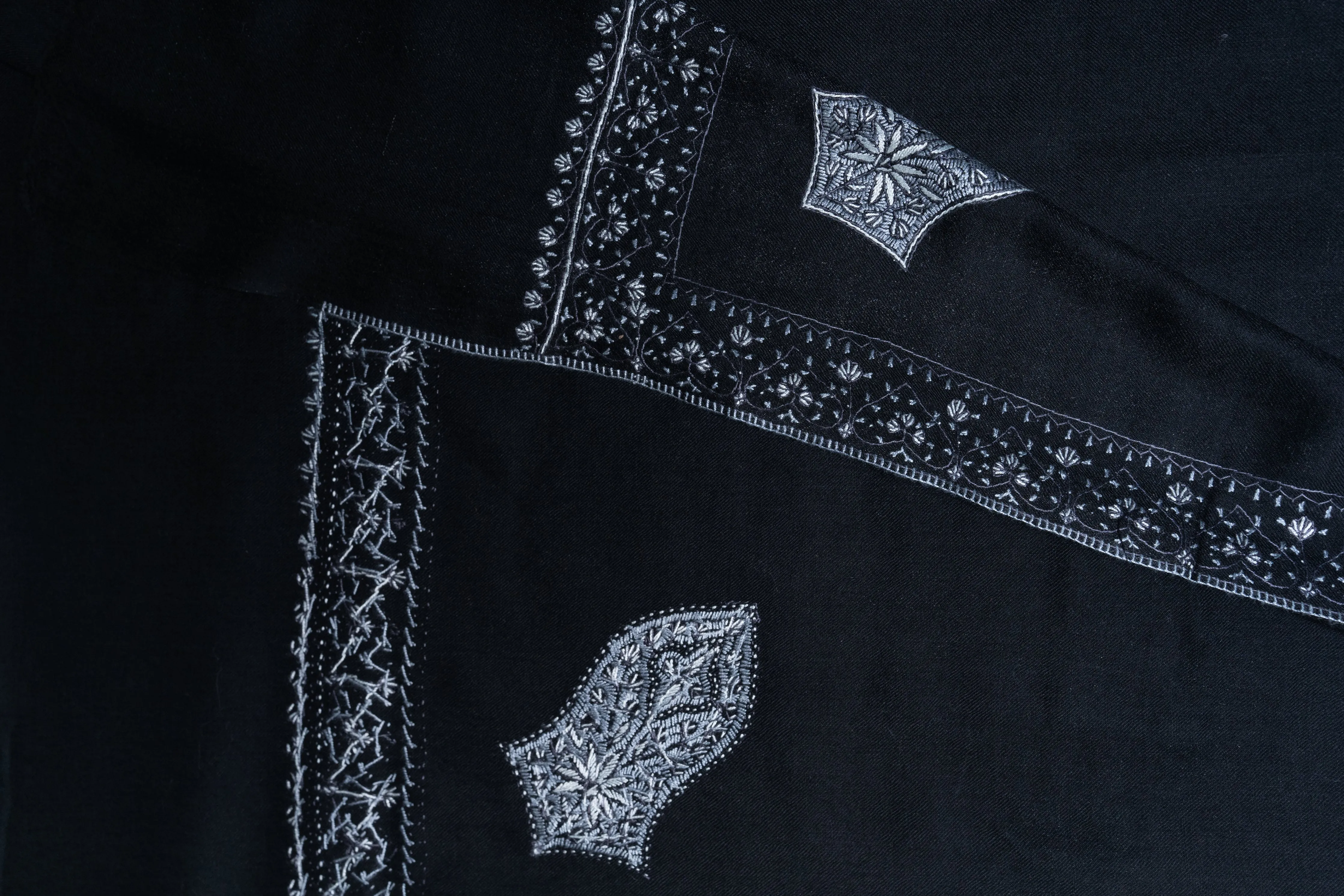 Midnight Elegance Hand-Embroidered Sozni Merino Wool Shawl