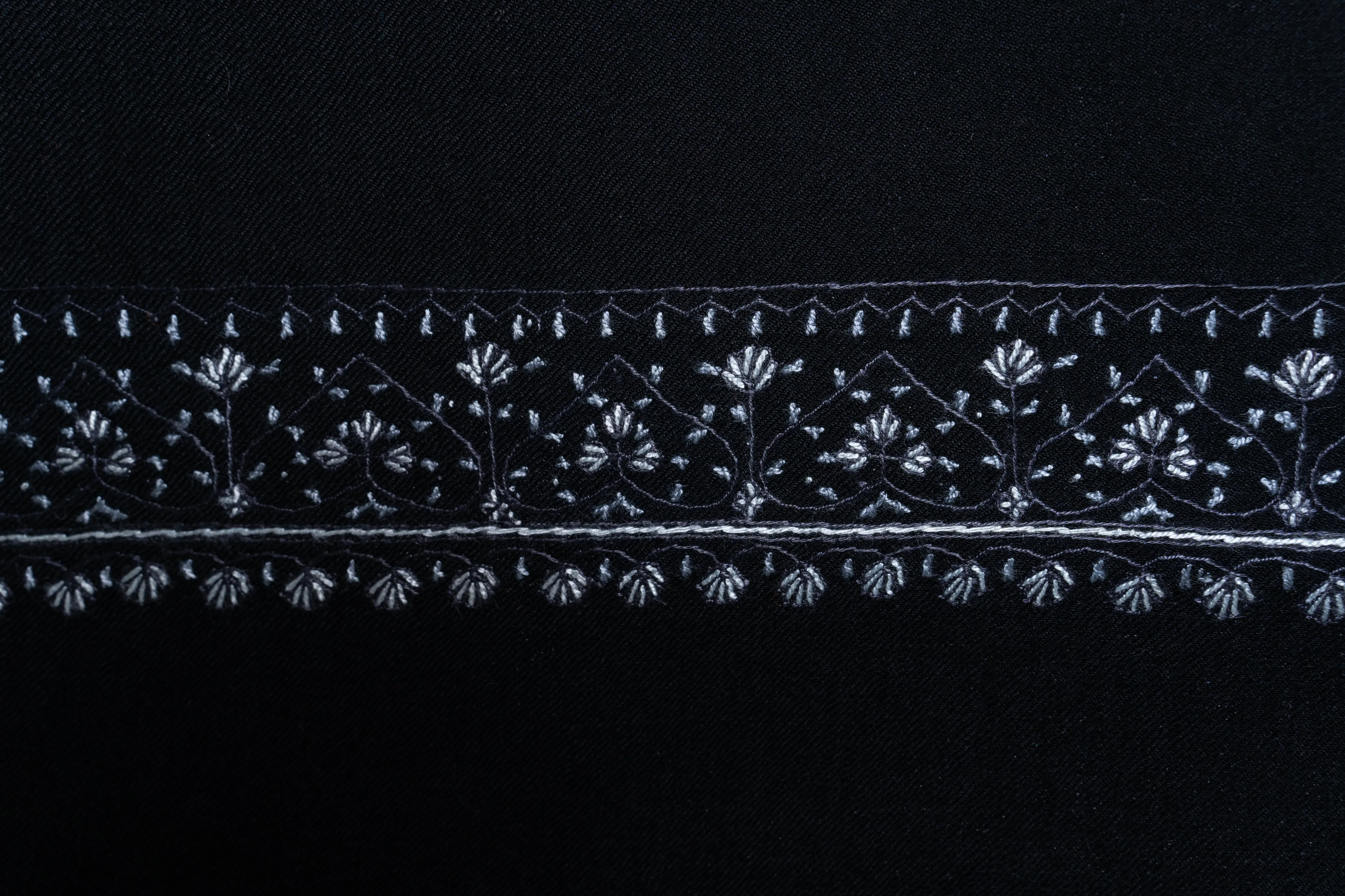 Midnight Elegance Hand-Embroidered Sozni Merino Wool Shawl