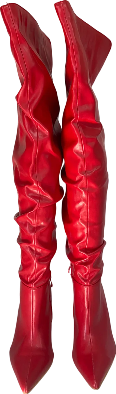 PrettyLittleThing Cherry Red Point Toe Patent Pu Angled Edge Knee High Heeled Boots UK 6 EU 39 👠