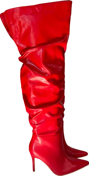 PrettyLittleThing Cherry Red Point Toe Patent Pu Angled Edge Knee High Heeled Boots UK 6 EU 39 👠