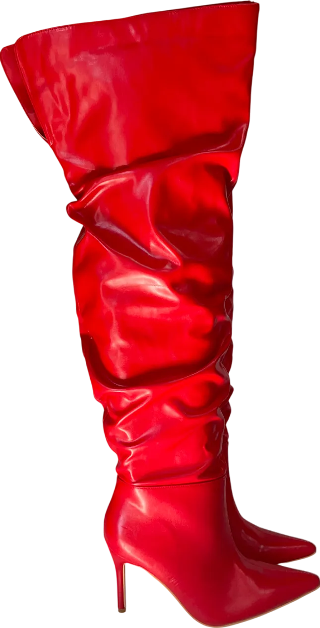PrettyLittleThing Cherry Red Point Toe Patent Pu Angled Edge Knee High Heeled Boots UK 6 EU 39 👠