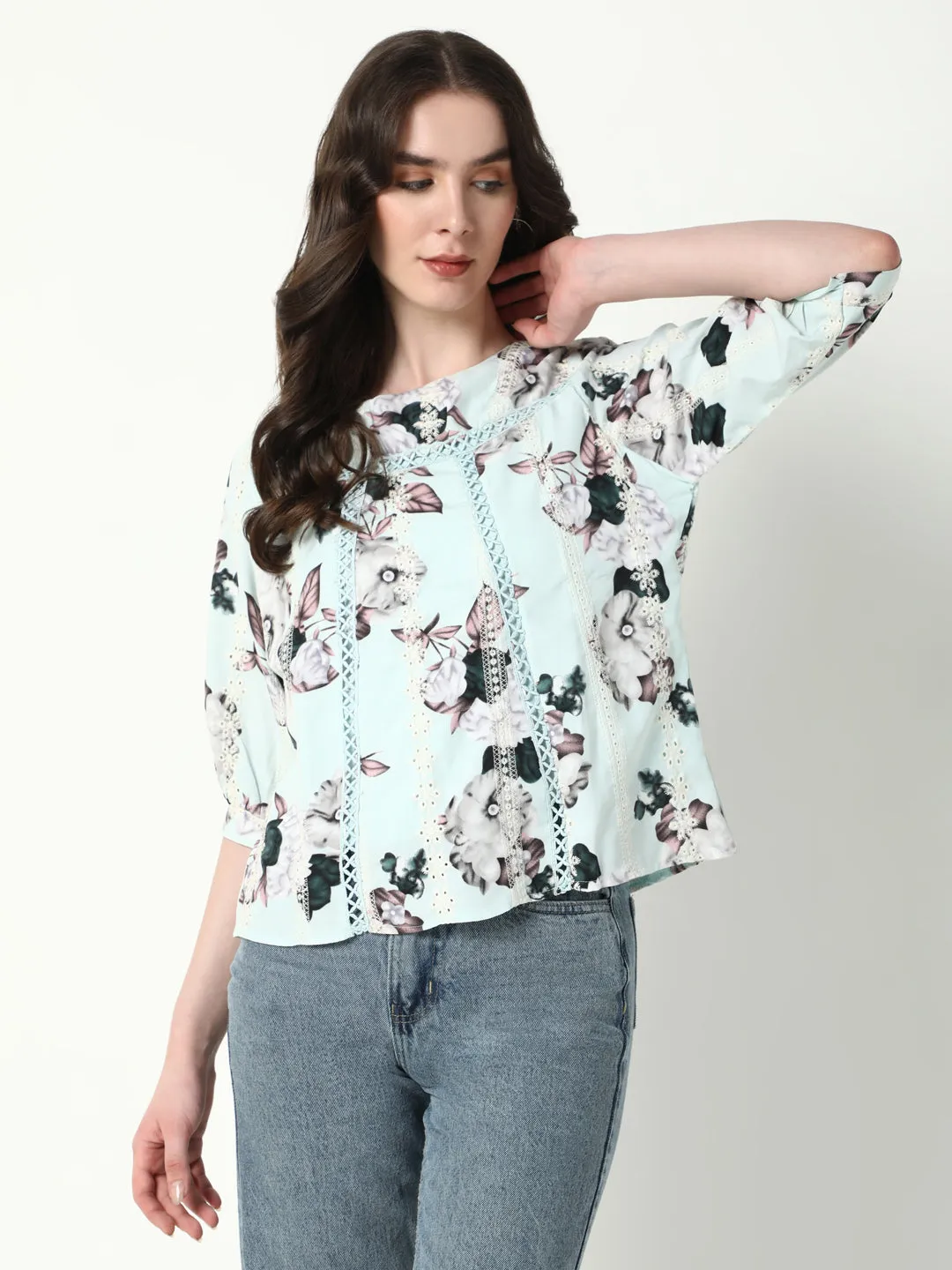 Women Sea Green Floral Top